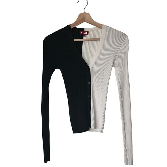 STAUD Cargo Color block Ripped Black And White Button Down Cardigan Pullover S - Picture 2 of 7
